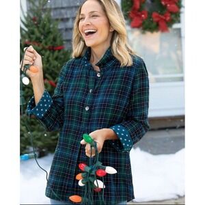 Appleseed's Womens Tunic Black Dark Green Plaid Ruffle Collar Holiday L Country